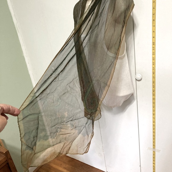 ALL SILK Scarf Wrap Shawl made in Italy Green Tan 60 inch  x 13 inch - Picture 5 of 15